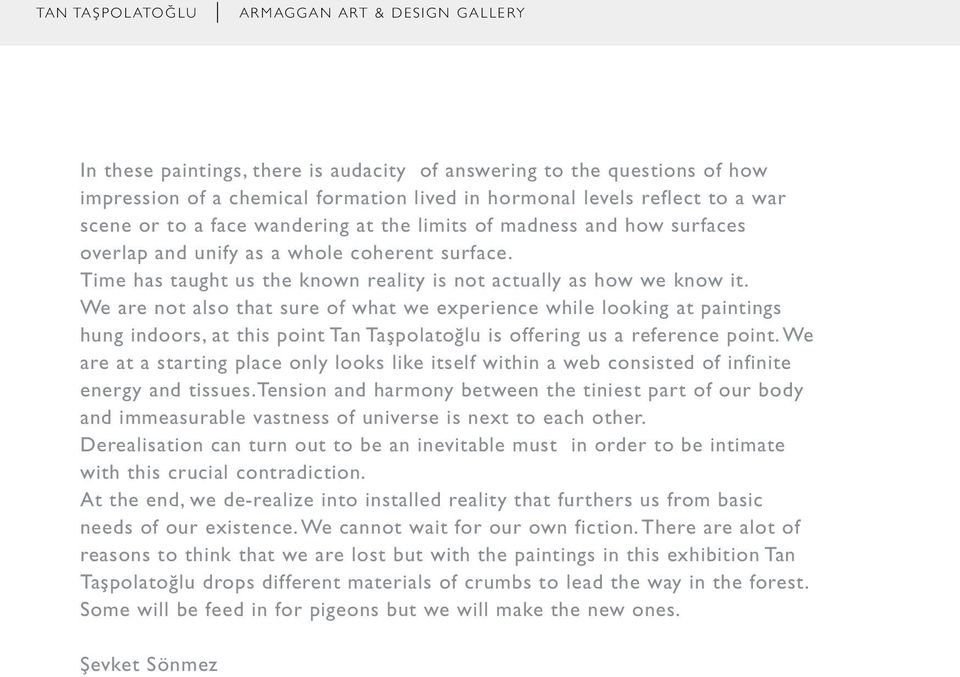 We are not also that sure of what we experience while looking at paintings hung indoors, at this point Tan Taşpolatoğlu is offering us a reference point.