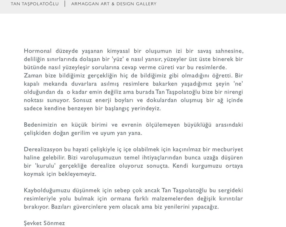 Bir kapalı mekanda duvarlara asılmış resimlere bakarken yaşadığımız şeyin 'ne' olduğundan da o kadar emin değiliz ama burada Tan Taşpolatoğlu bize bir nirengi noktası sunuyor.