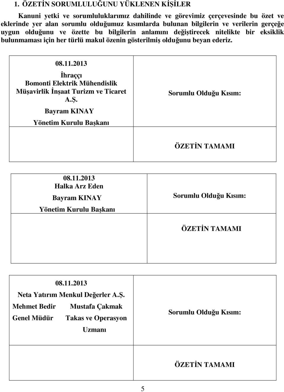 2013 İhraççı Bomonti Elektrik Mühendislik Müşavirlik İnşaat Turizm ve Ticaret A.Ş. Bayram KINAY Yönetim Kurulu Başkanı Sorumlu Olduğu Kısım: ÖZETİN TAMAMI 08.11.