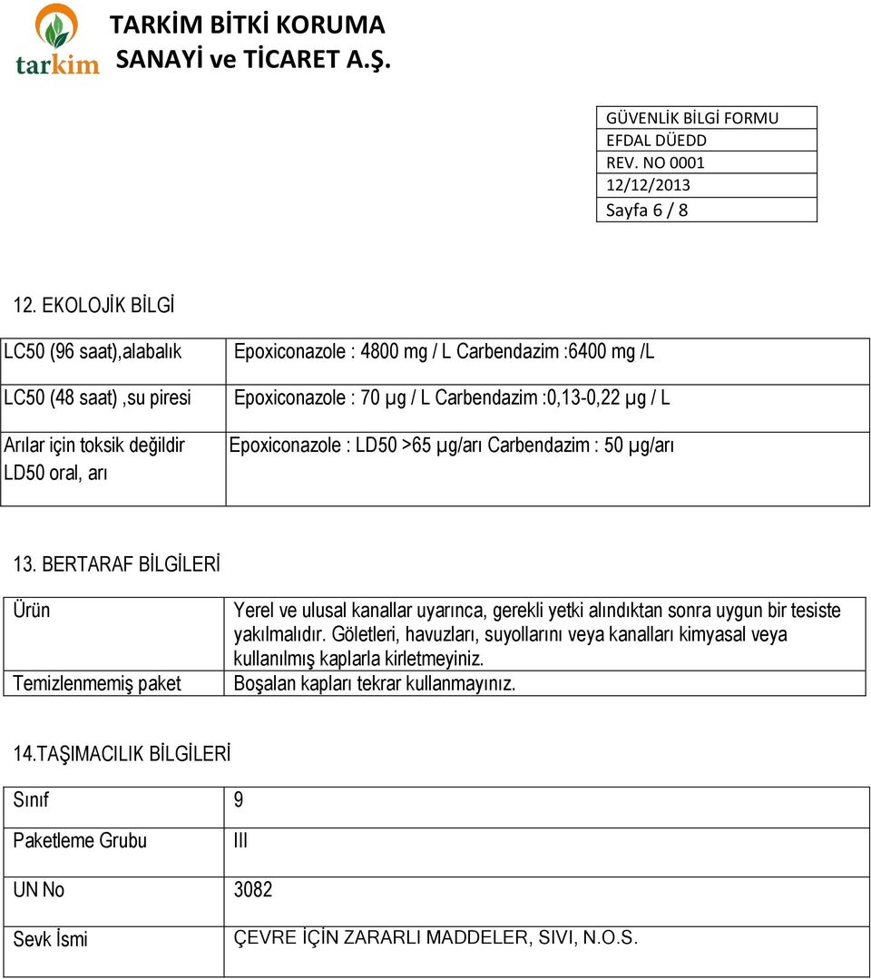 Epoxiconazole : 70 µg / L Carbendazim :0,13-0,22 µg / L Epoxiconazole : LD50 >65 µg/arı Carbendazim : 50 µg/arı 13.