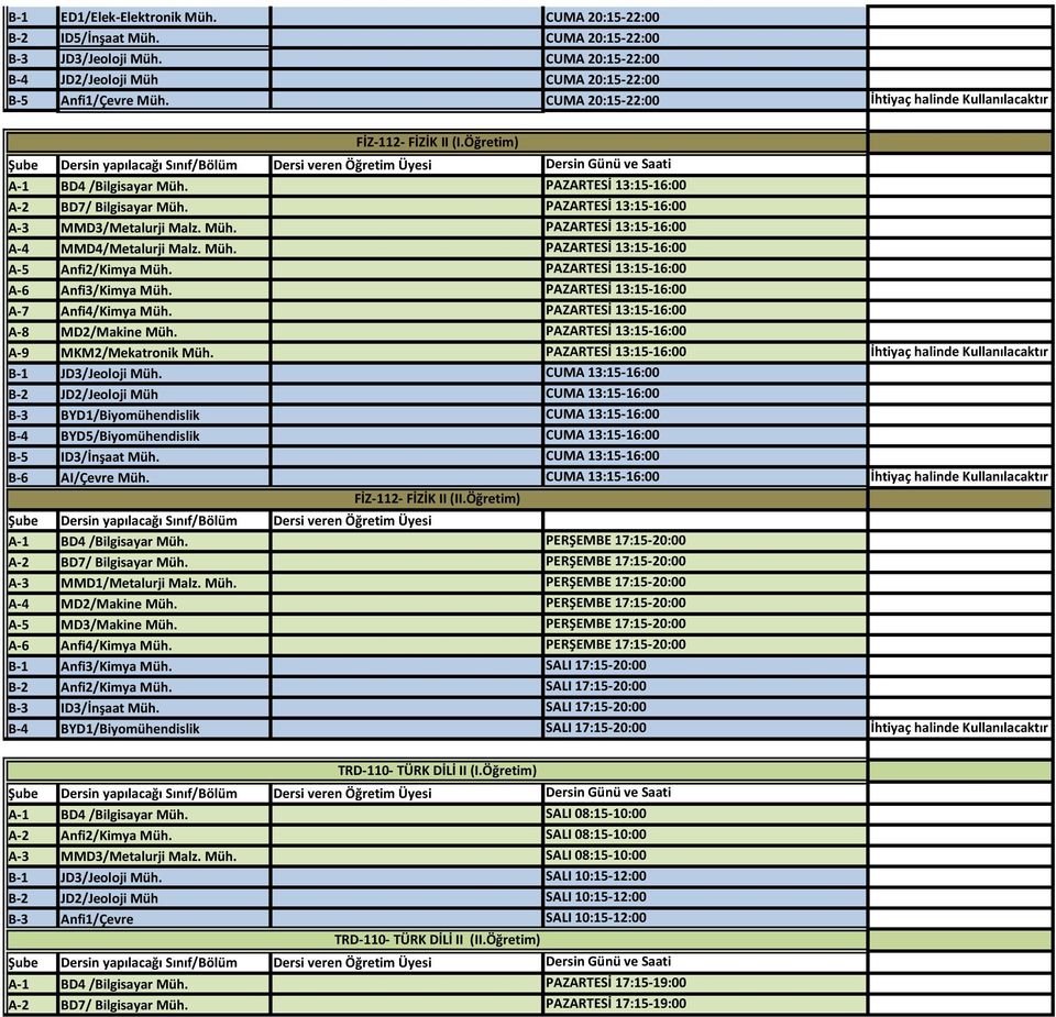 Müh. PAZARTESİ 13:15-16:00 A-4 MMD4/Metalurji Malz. Müh. PAZARTESİ 13:15-16:00 A-5 Anfi2/Kimya Müh. PAZARTESİ 13:15-16:00 A-6 Anfi3/Kimya Müh. PAZARTESİ 13:15-16:00 A-7 Anfi4/Kimya Müh.