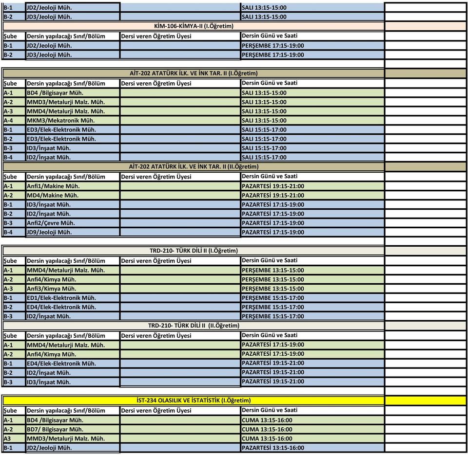 SALI 13:15-15:00 B-1 ED3/Elek-Elektronik Müh. SALI 15:15-17:00 B-2 ED3/Elek-Elektronik Müh. SALI 15:15-17:00 B-3 ID3/İnşaat Müh. SALI 15:15-17:00 B-4 ID2/İnşaat Müh.