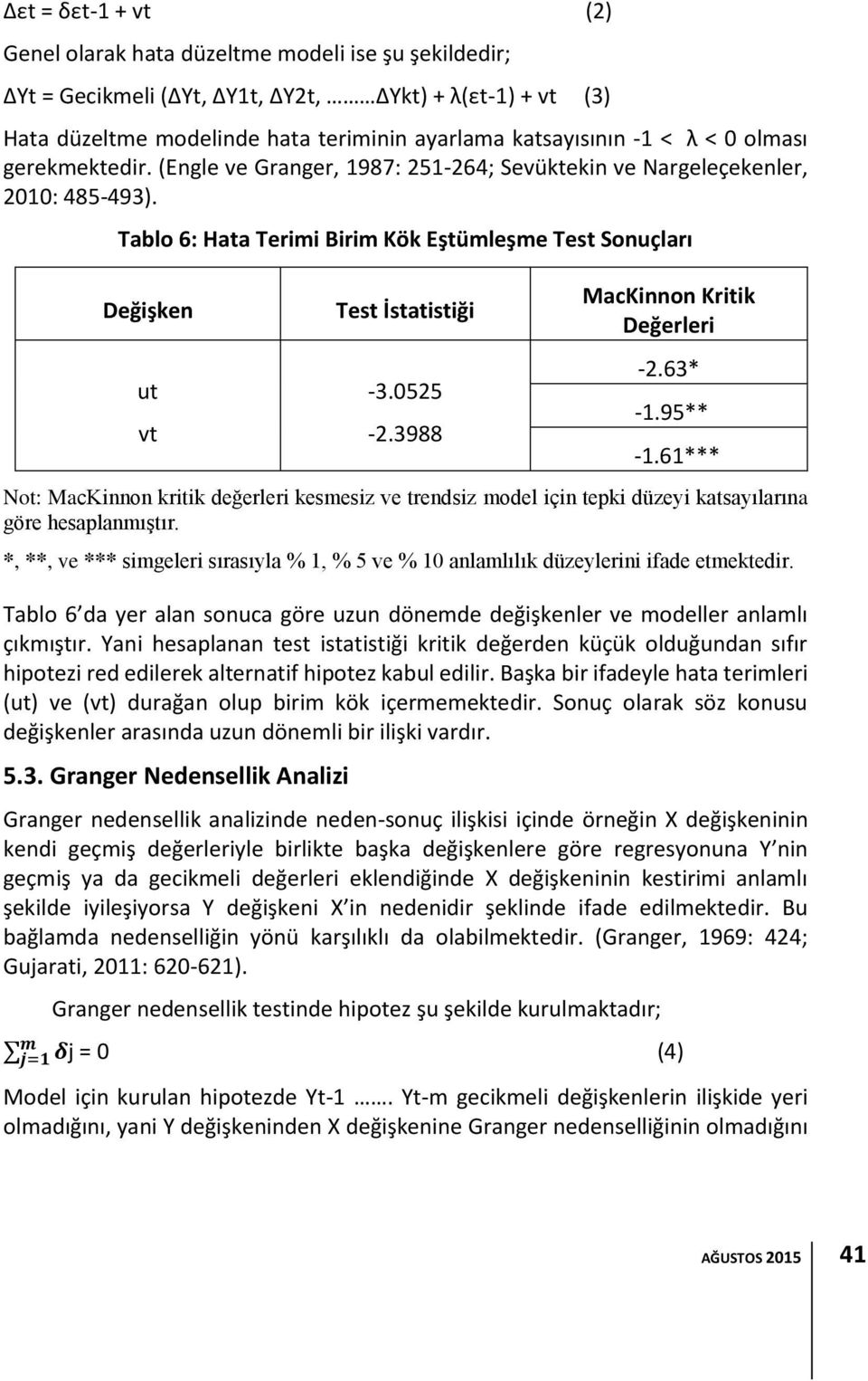 0525-2.3988 MacKinnon Kritik Değerleri -2.63* -1.95** -1.61*** Not: MacKinnon kritik değerleri kesmesiz ve trendsiz model için tepki düzeyi katsayılarına göre hesaplanmıştır.