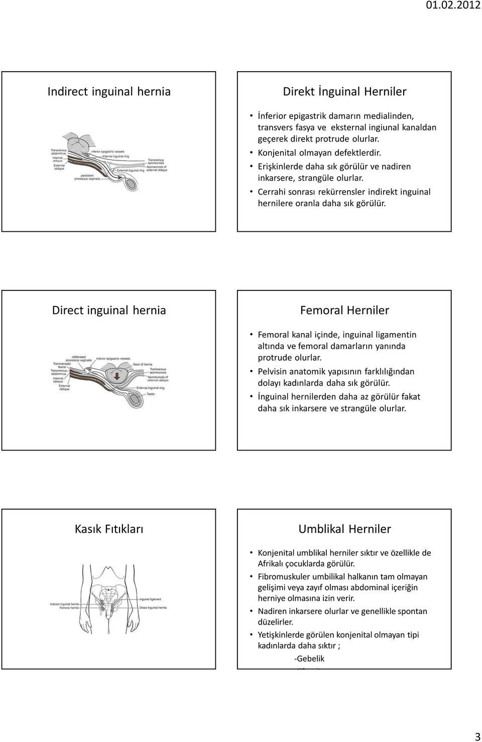 Direct inguinal hernia Femoral Herniler Femoral kanal içinde, inguinal ligamentin altında ve femoral damarların yanında protrude olurlar.