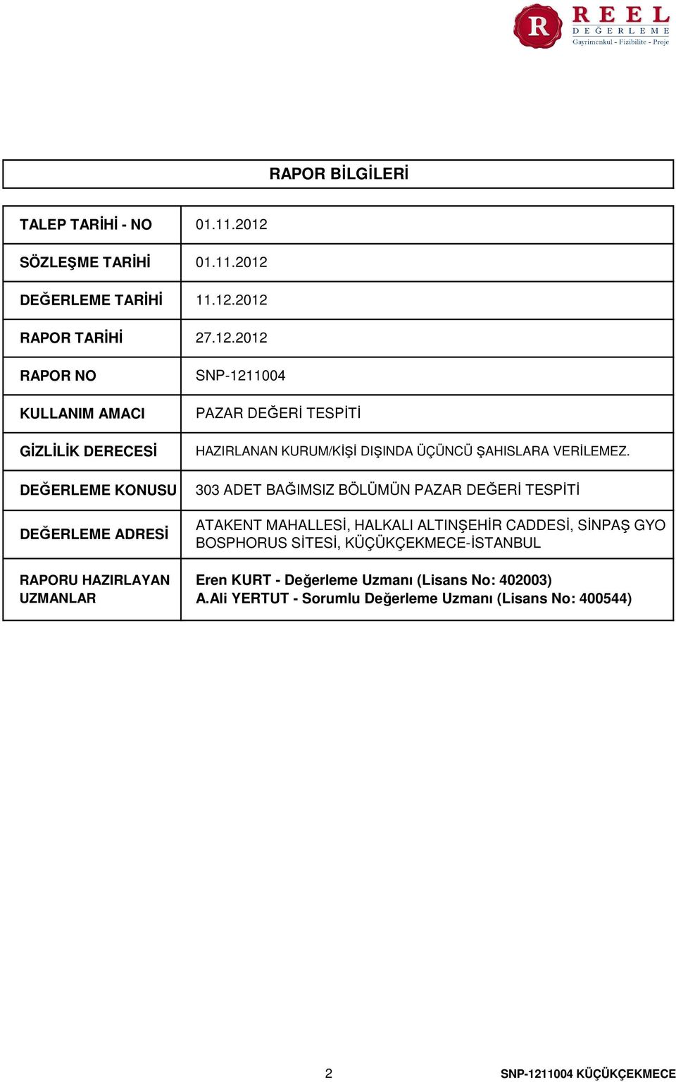 DEĞERLEME TARİHİ 11.12.2012 RAPOR TARİHİ RAPOR NO KULLANIM AMACI GİZLİLİK DERECESİ DEĞERLEME KONUSU DEĞERLEME ADRESİ RAPORU HAZIRLAYAN UZMANLAR 27.