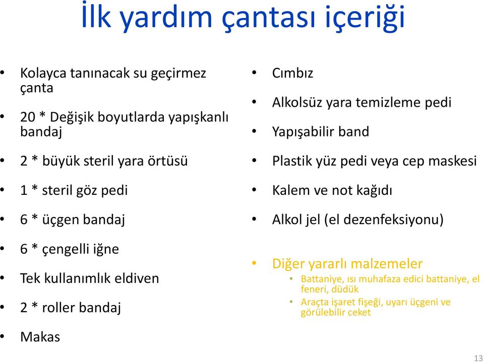 yara temizleme pedi Yapışabilir band Plastik yüz pedi veya cep maskesi Kalem ve not kağıdı Alkol jel (el dezenfeksiyonu) Diğer