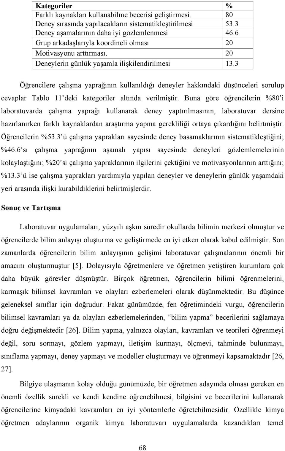 3 Öğrencilere çalışma yaprağının kullanıldığı deneyler hakkındaki düşünceleri sorulup cevaplar Tablo 11 deki kategoriler altında verilmiştir.