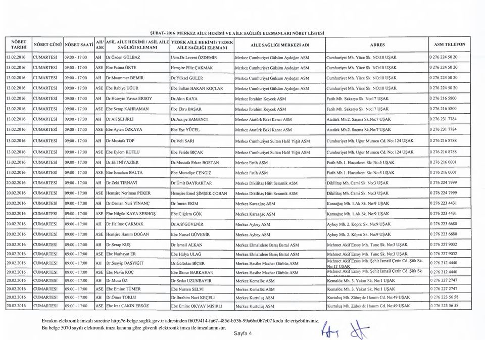 Yüce Sk. N0:10 UŞAK 0 276 224 50 20 13.02.2016 CUMARTESİ 09:00-17:00 AH Dr.Muammer DEMİR Dr.Yüksel GÜLER Merkez Cumhuriyet Gülsüm Aydoğan ASM Cumhuriyet Mh. Yüce Sk. NO:İO UŞAK 0 276 224 50 20 13.02.2016 CUMARTESİ 09:00-17:00 ASE Ebe Rabiye UĞUR Ebe Sultan HAKAN KOÇLAR Merkez Cumhuriyet Gülsüm Aydoğan ASM Cumhuriyet Mh.