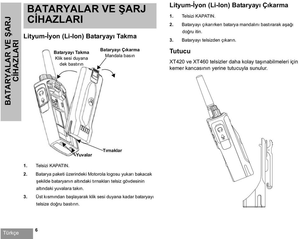 Tutucu XT420 ve XT460 telsizler daha kolay ta ınabilmeleri için kemer kancasının yerine tutucuyla sunulur. Yuvalar Tırnaklar 1. Telsizi KAPATIN. 2.