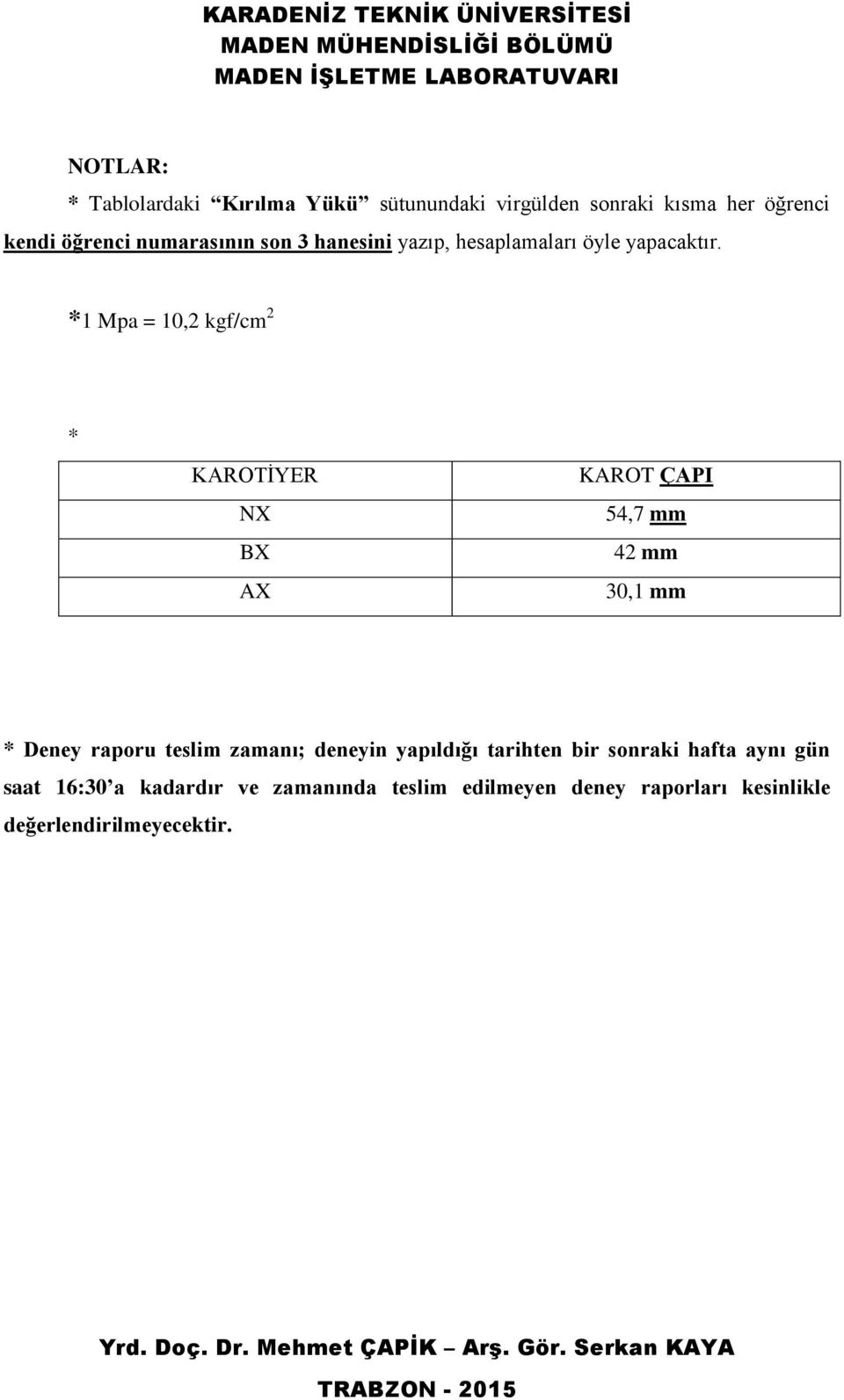 *1 Mpa = 10,2 kgf/cm 2 * KAROTİYER NX BX AX KAROT ÇAPI 54,7 mm 42 mm 30,1 mm * Deney raporu teslim zamanı;