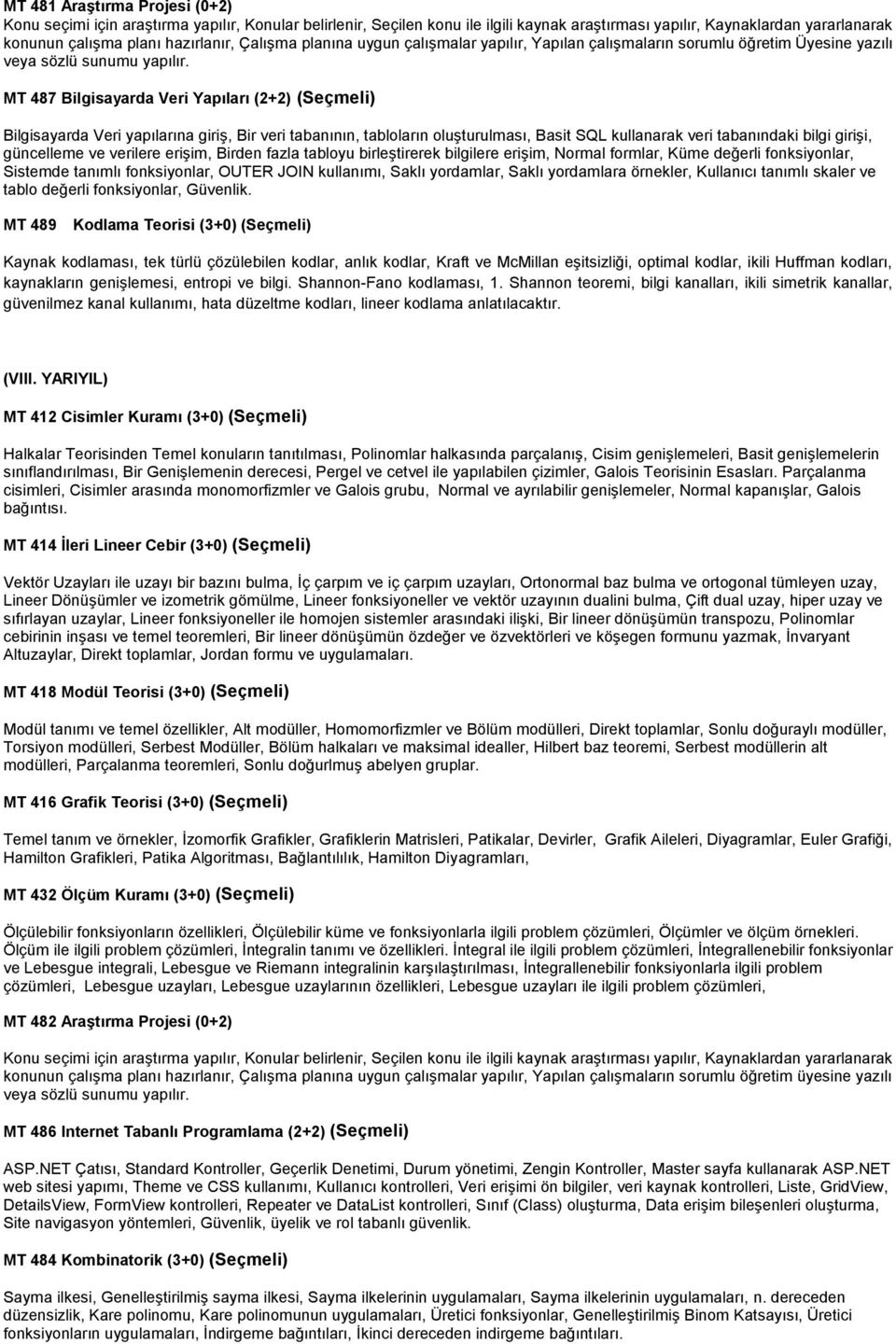 MT 487 Bilgisayarda Veri Yapıları (2+2) (Seçmeli) Bilgisayarda Veri yapılarına giriş, Bir veri tabanının, tabloların oluşturulması, Basit SQL kullanarak veri tabanındaki bilgi girişi, güncelleme ve