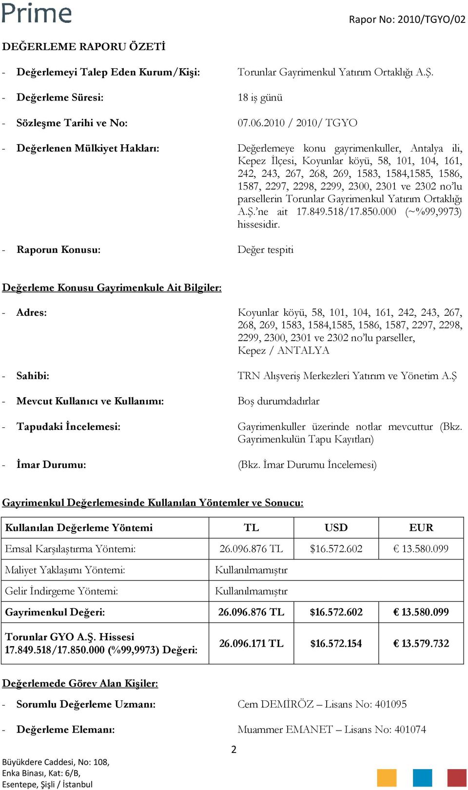 2297, 2298, 2299, 2300, 2301 ve 2302 no lu parsellerin Torunlar Gayrimenkul Yatırım Ortaklığı A.Ş. ne ait 17.849.518/17.850.000 (~%99,9973) hissesidir.