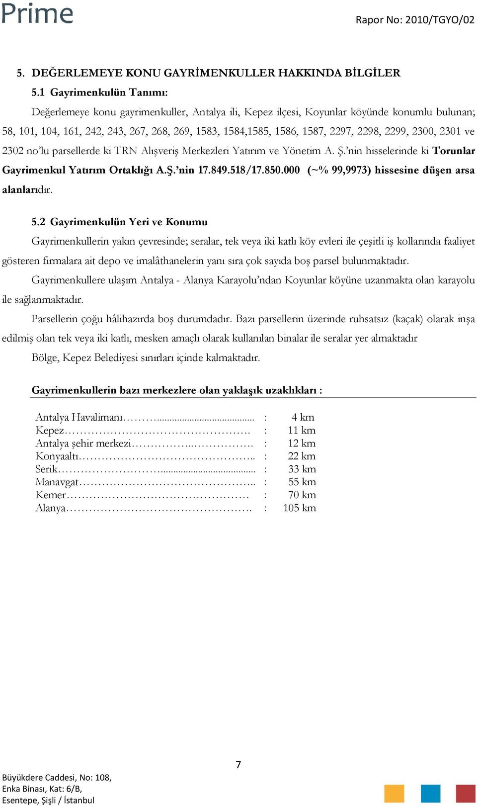 2298, 2299, 2300, 2301 ve 2302 no lu parsellerde ki TRN Alışveriş Merkezleri Yatırım ve Yönetim A. Ş. nin hisselerinde ki Torunlar Gayrimenkul Yatırım Ortaklığı A.Ş. nin 17.849.518/17.850.