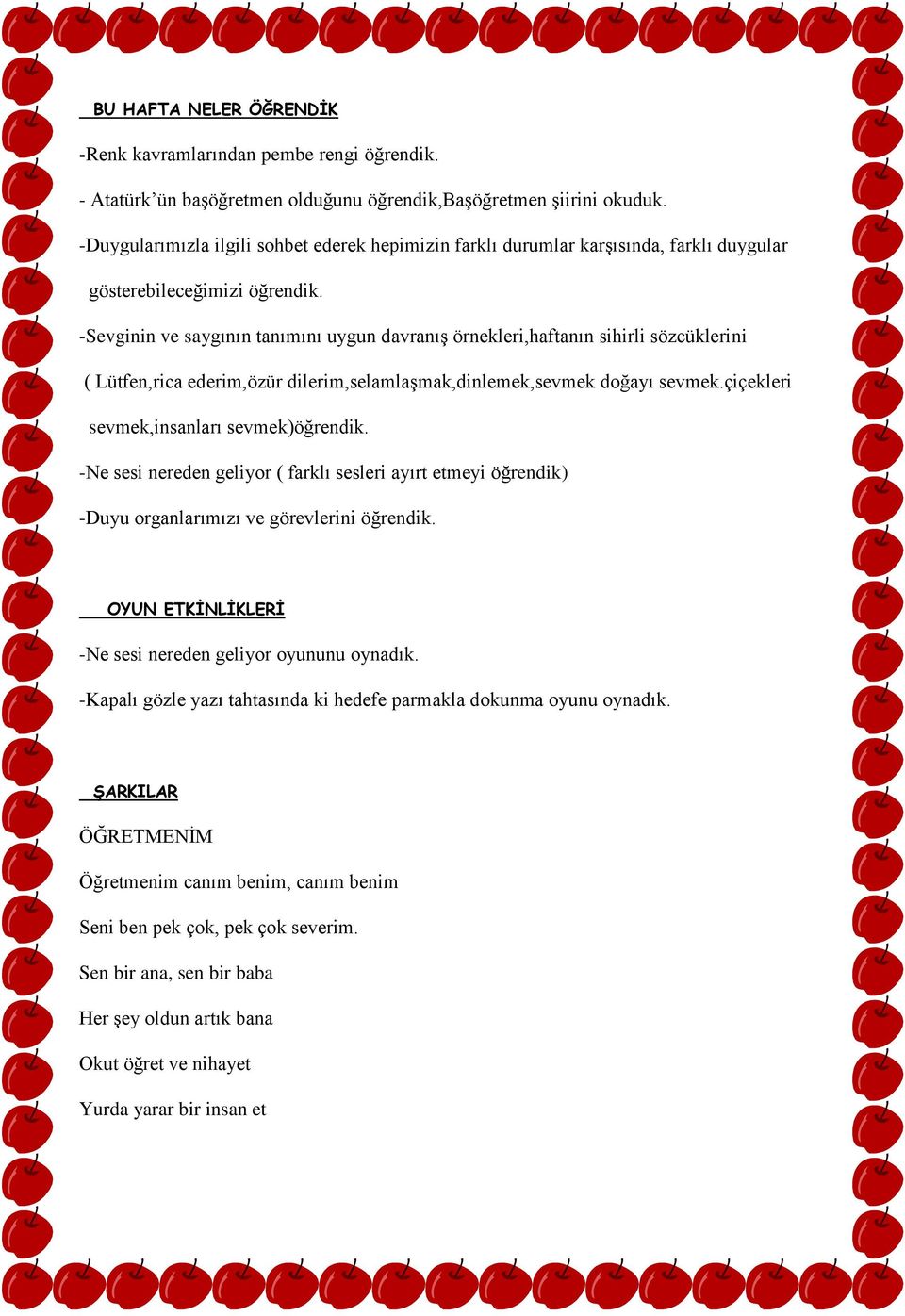 -Sevginin ve saygının tanımını uygun davranış örnekleri,haftanın sihirli sözcüklerini ( Lütfen,rica ederim,özür dilerim,selamlaşmak,dinlemek,sevmek doğayı sevmek.