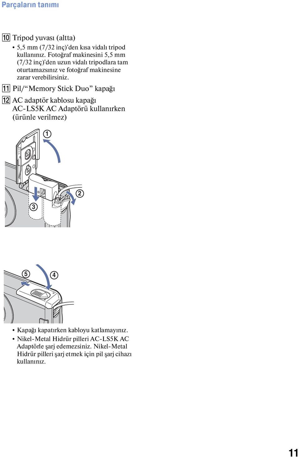 K Pil/ Memory Stick Duo kapağı L AC adaptör kablosu kapağı AC-LS5K AC Adaptörü kullanırken (ürünle verilmez) 1 3 2 5 4 Kapağı