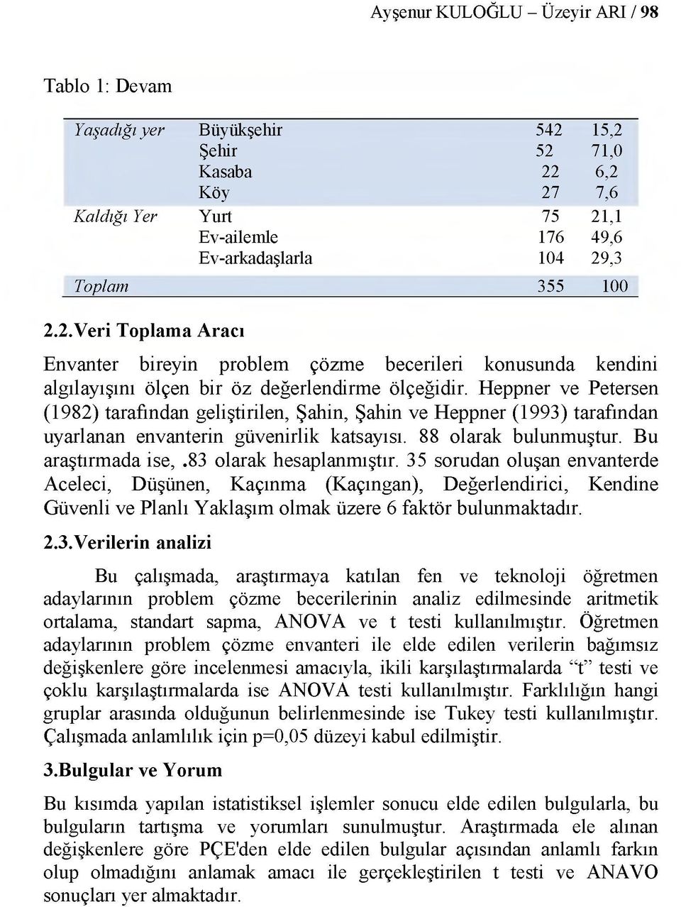 Heppner ve Petersen (1982) tarafından geliştirilen, Şahin, Şahin ve Heppner (1993) tarafından uyarlanan envanterin güvenirlik katsayısı. 88 olarak bulunmuştur. Bu araştırmada ise,.