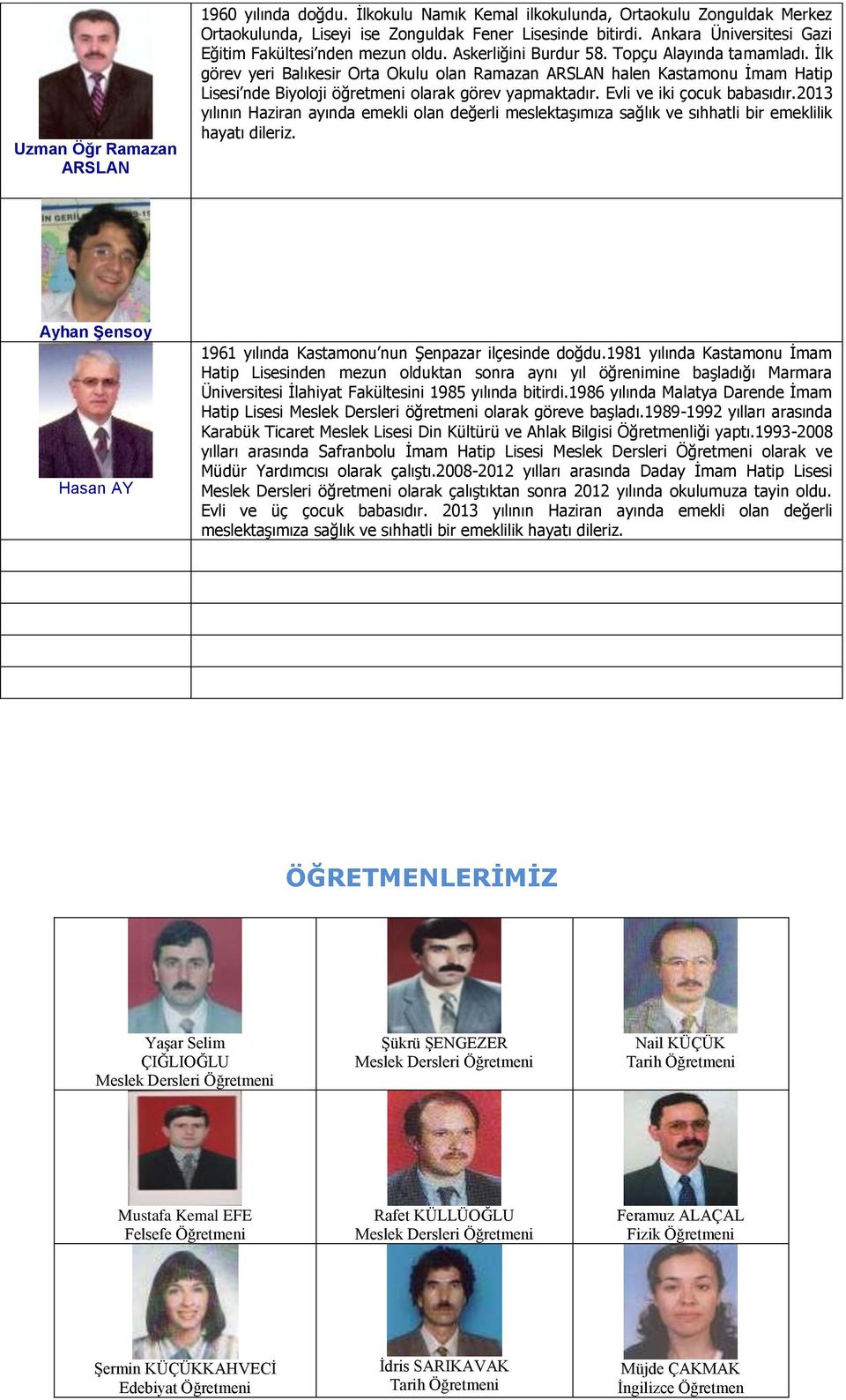 İlk görev yeri Balıkesir Orta Okulu olan Ramazan ARSLAN halen Kastamonu İmam Hatip Lisesi nde Biyoloji öğretmeni olarak görev yapmaktadır. Evli ve iki çocuk babasıdır.