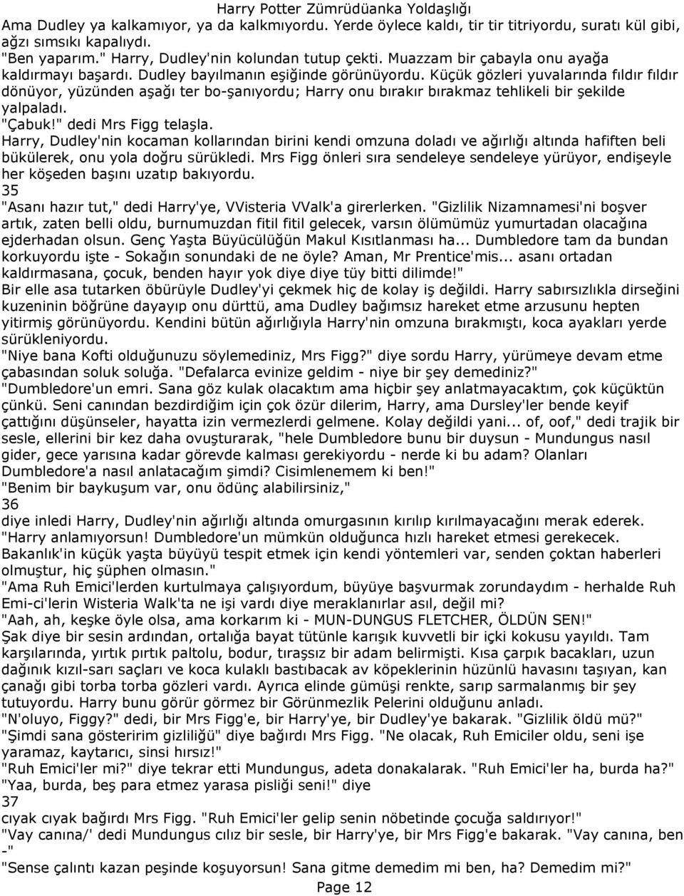 Küçük gözleri yuvalarında fıldır fıldır dönüyor, yüzünden aşağı ter bo-şanıyordu; Harry onu bırakır bırakmaz tehlikeli bir şekilde yalpaladı. "Çabuk!" dedi Mrs Figg telaşla.