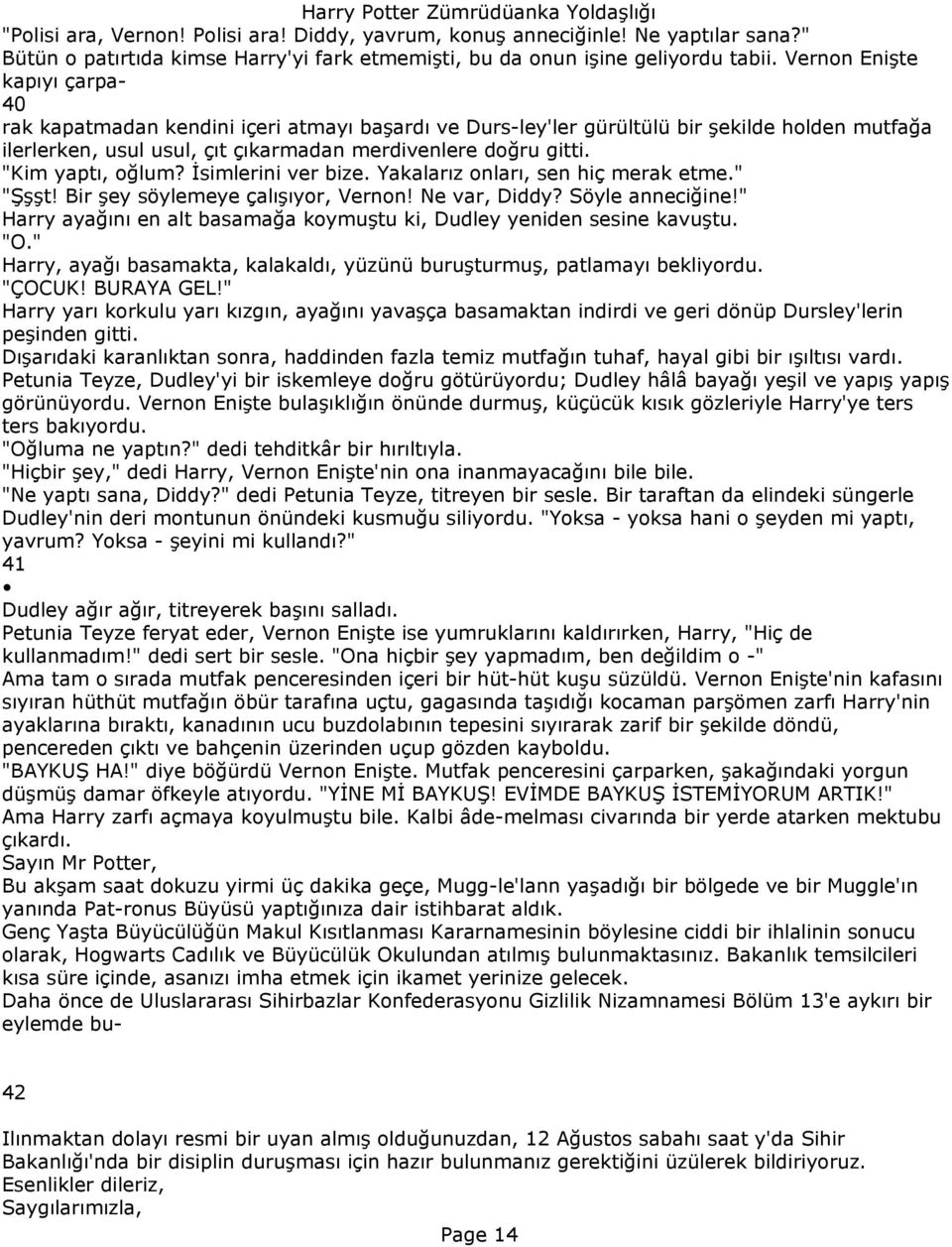 "Kim yaptı, oğlum? İsimlerini ver bize. Yakalarız onları, sen hiç merak etme." "Şşşt! Bir şey söylemeye çalışıyor, Vernon! Ne var, Diddy? Söyle anneciğine!