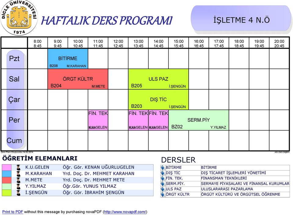 METE Yrd. Doç. Dr. MEHMET METE Y.YILMAZ Öğr.Gör. YUNUS YILMAZ İ.ŞENGÜN Öğr. Gör. İBRAHİM ŞENGÜN BİTİRME DIŞ TİC FİN. TEK. SERM.PİY.