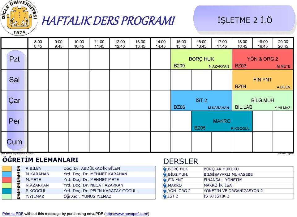 AZARKAN Yrd. Doç. Dr. NECAT AZARKAN P.KGÖGÜL Yrd. Doç. Dr. PELİN KARATAY GÖGÜL Y.YILMAZ Öğr.Gör.