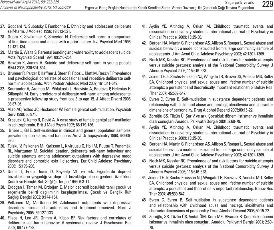 Parental bonding and vulnerability to adolescent suicide. Acta Psychiatr Scand 1994; 89:246-254. 30. Hawton K, James A. Suicide and deliberate self-harm in young people. BMJ 2005; 330:891-894. 31.