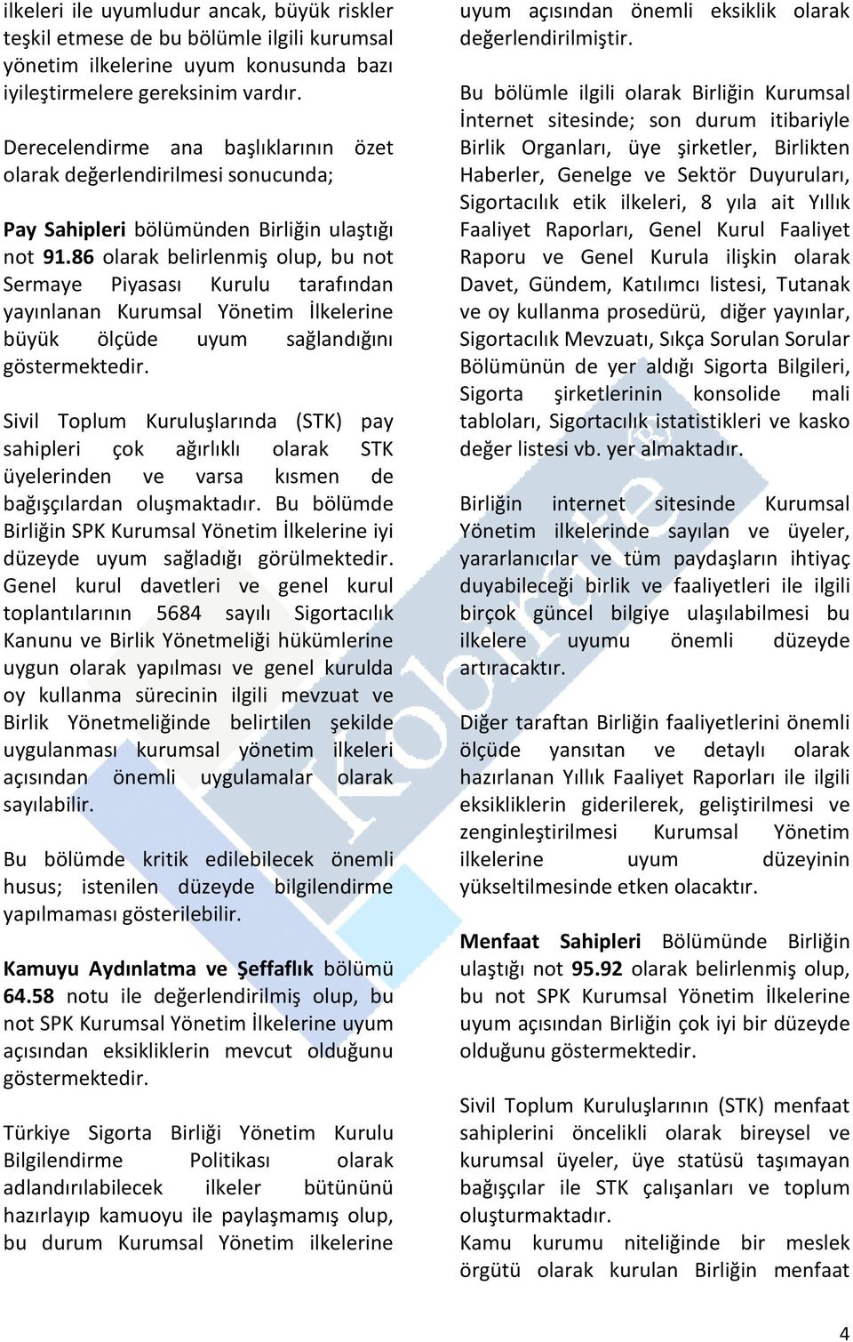 86 olarak belirlenmiş olup, bu not Sermaye Piyasası Kurulu tarafından yayınlanan Kurumsal Yönetim İlkelerine büyük ölçüde uyum sağlandığını göstermektedir.