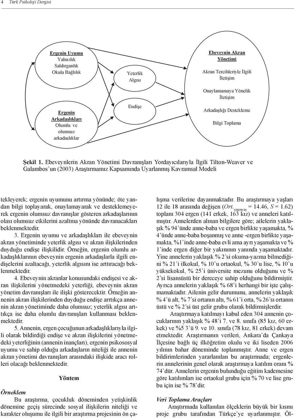 Ebeveynlerin Akran Yönetimi Davranışları Yordayıcılarıyla İlgili Tilton-Weaver ve Galambos un (2003) Araştırmamız Kapsamında Uyarlanmış Kavramsal Modeli tekleyerek; ergenin uyumunu artırma yönünde;