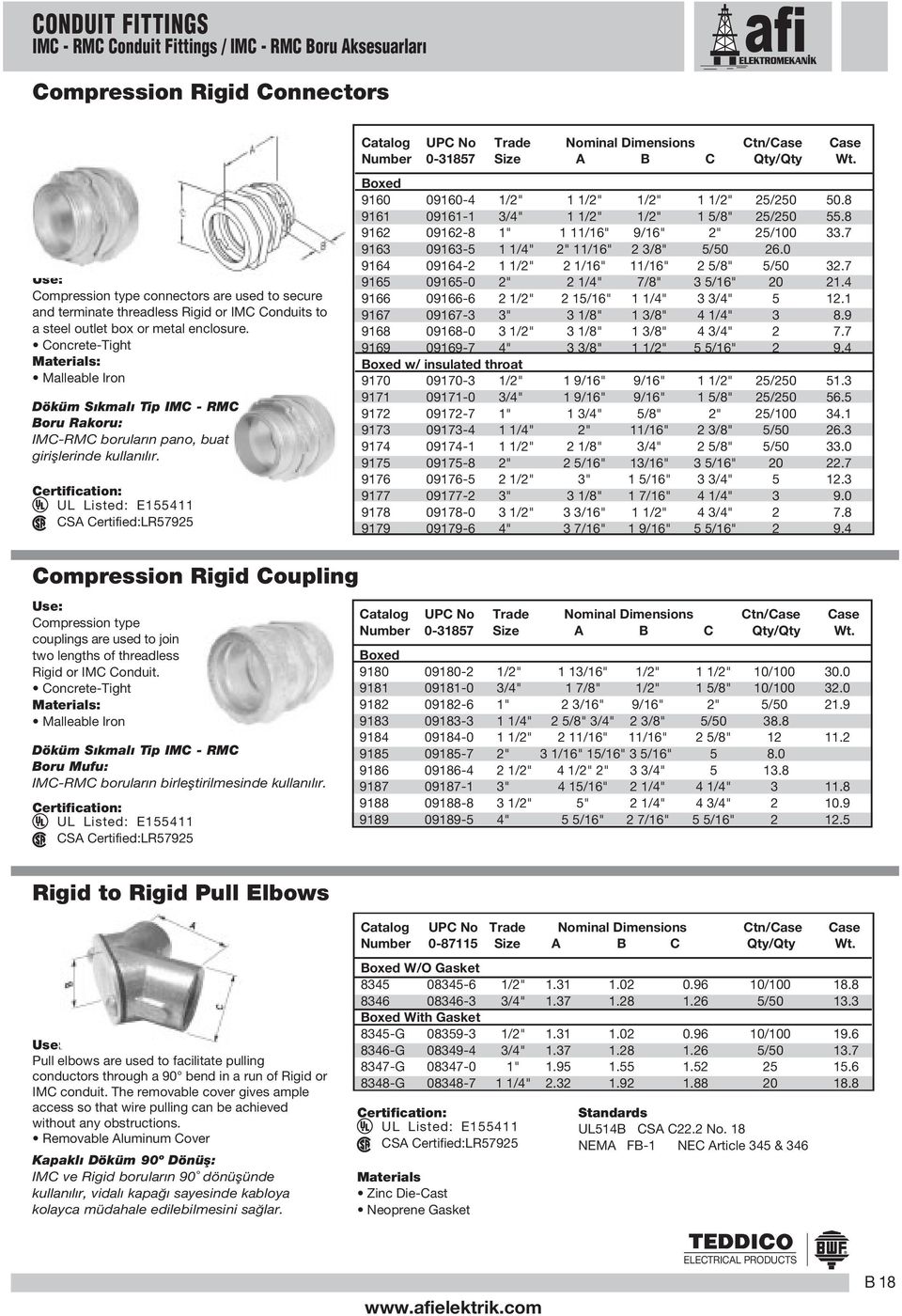 Concrete-Tight Malleable Iron Döküm S kmal Tip IMC - RMC Boru Rakoru: IMC-RMC borular n pano, buat girifllerinde kullan l r. UL Listed: E4 CSA Certified:LR792 960 0960-4 /2" /2" /2" /2" 2/20 0.