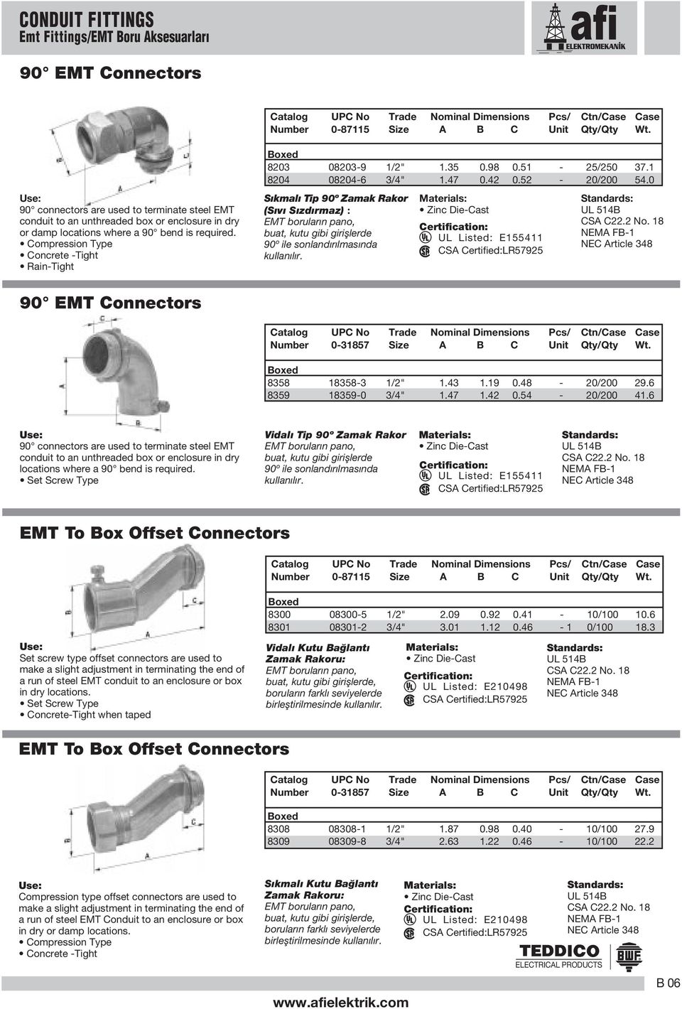 0 S kmal Tip 90º Zamak Rakor (S v S zd rmaz) : EMT borular n pano, buat, kutu gibi girifllerde 90º ile sonland r lmas nda kullan l r. UL Listed: E4 CSA Certified:LR792 UL 4B CSA C22.2 No.