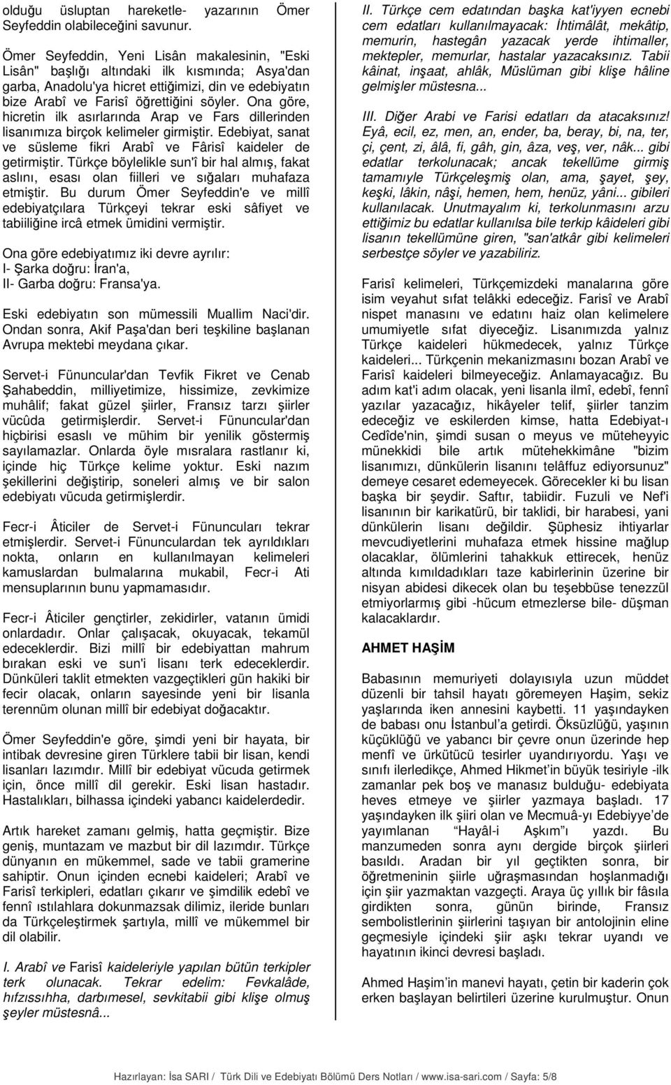 Ona göre, hicretin ilk asırlarında Arap ve Fars dillerinden lisanımıza birçok kelimeler girmiştir. Edebiyat, sanat ve süsleme fikri Arabî ve Fârisî kaideler de getirmiştir.