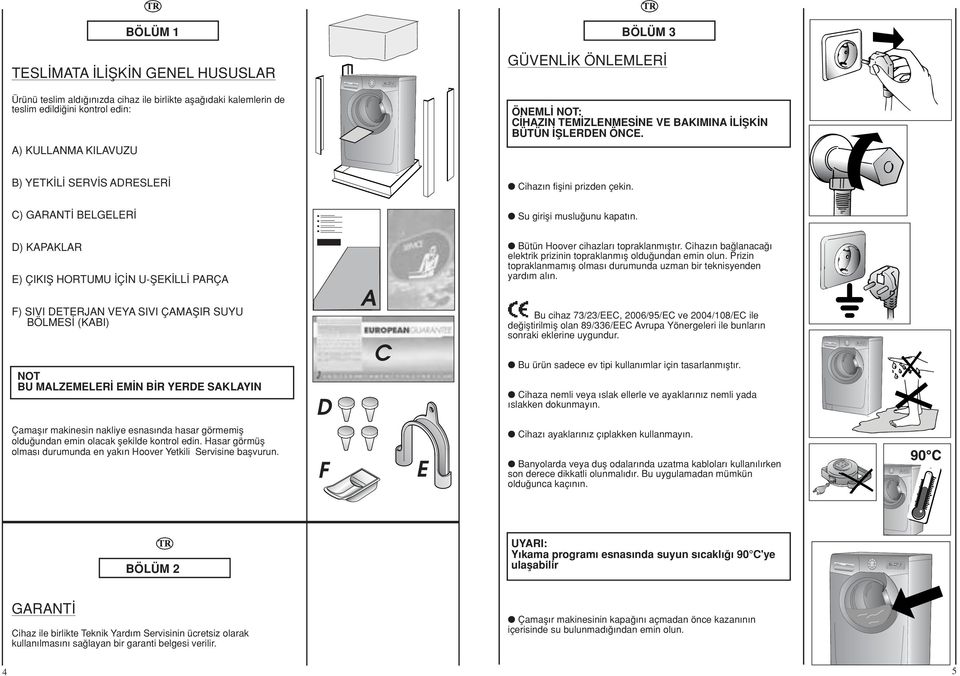 D) KAPAKLAR E) ÇIKIfi HORTUMU Ç N UfiEK LL PARÇA F) SIVI DETERJAN VEYA SIVI ÇAMAfiIR SUYU BÖLMES (KABI) NOT BU MALZEMELER EM N B R YERDE SAKLAYIN D A C Bütün Hoover cihazlar topraklanm flt r.