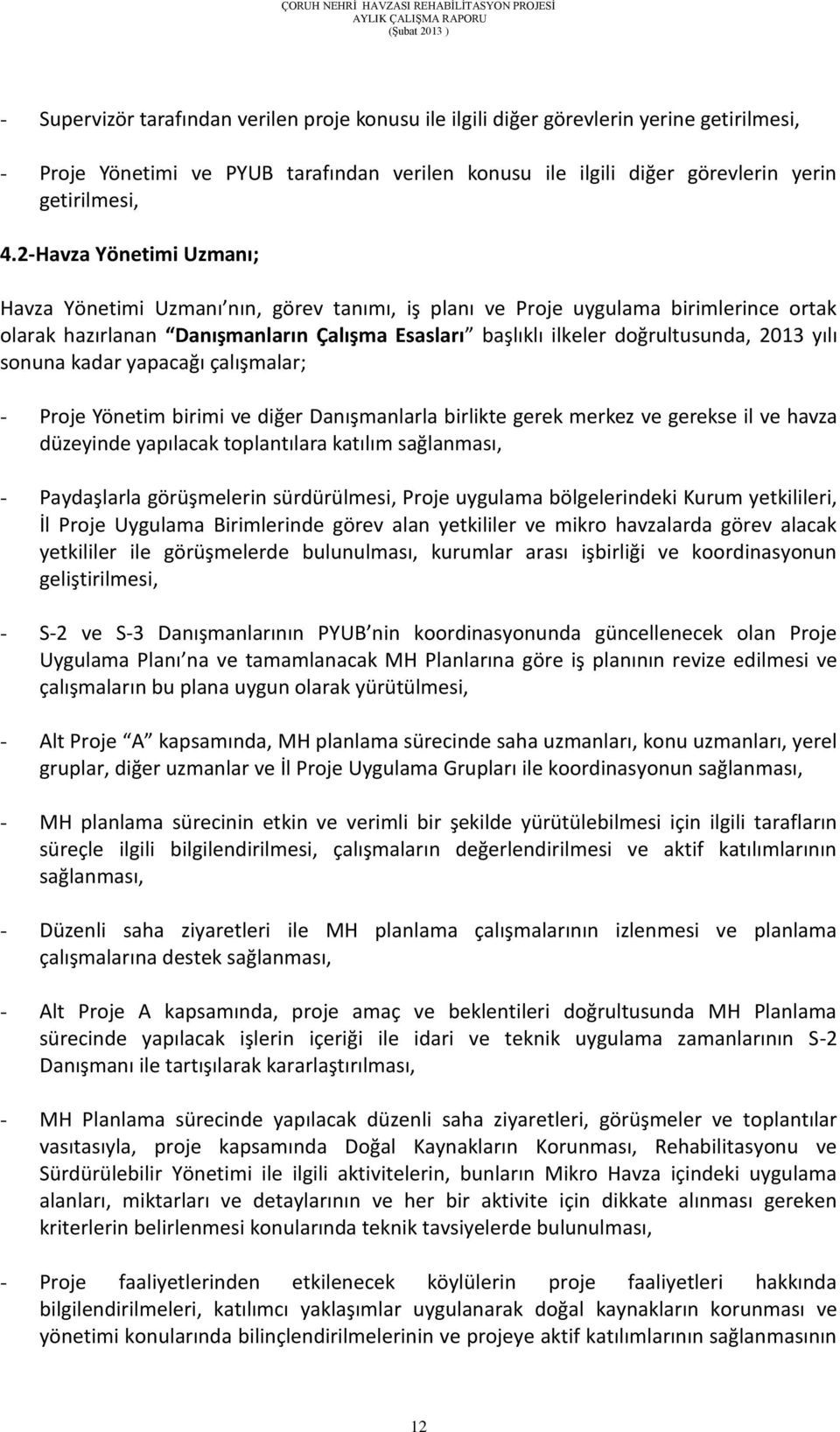 yılı sonuna kadar yapacağı çalışmalar; - Proje Yönetim birimi ve diğer Danışmanlarla birlikte gerek merkez ve gerekse il ve havza düzeyinde yapılacak toplantılara katılım sağlanması, - Paydaşlarla