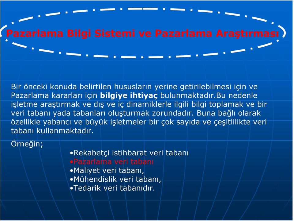 bu nedenle işletme araştırmak ve dış ve iç dinamiklerle ilgili bilgi toplamak ve bir veri tabanı yada tabanları oluşturmak zorundadır.