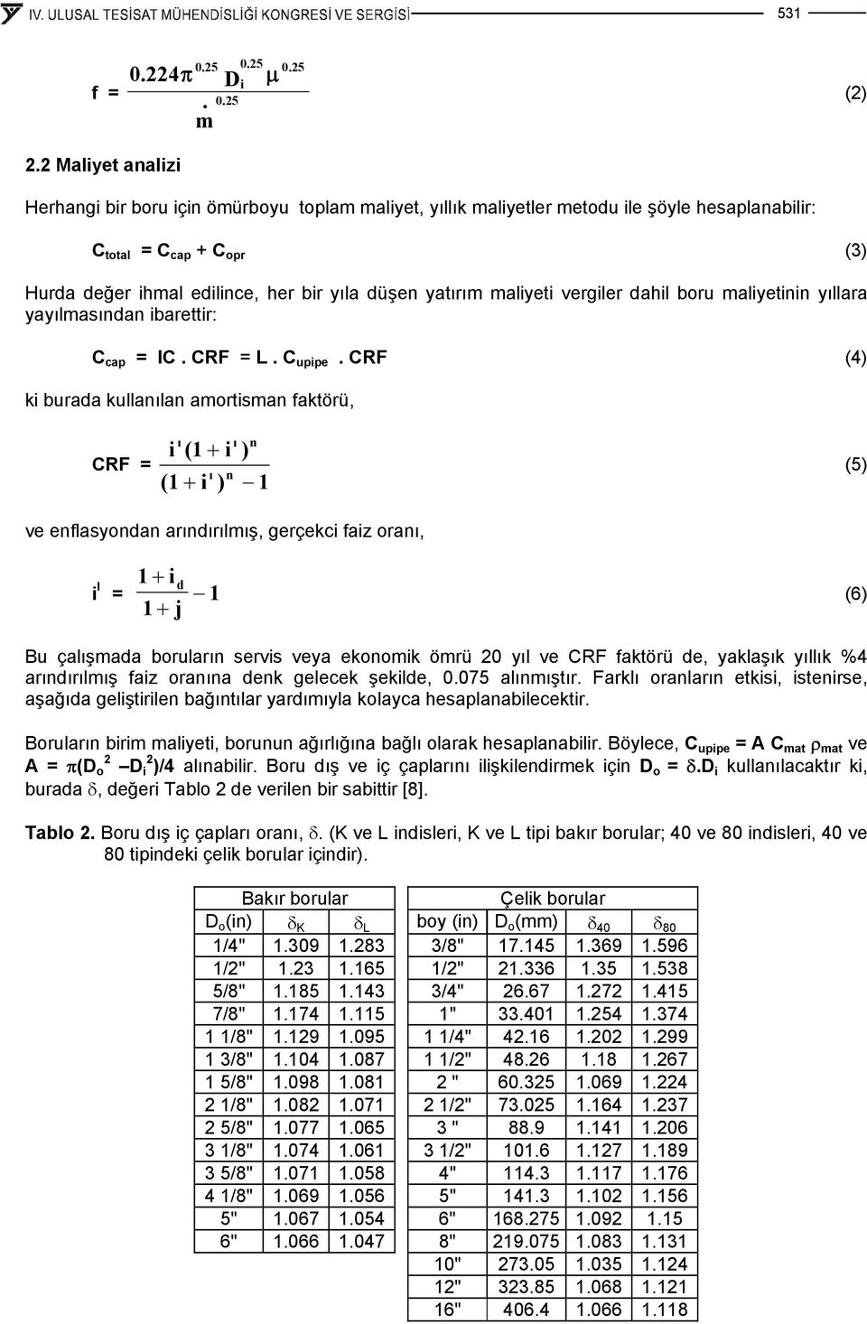 maliyeti vergiler dahil boru maliyetinin yıllara yayılmasından ibarettir: C cap = IC. CRF = L. C upipe.