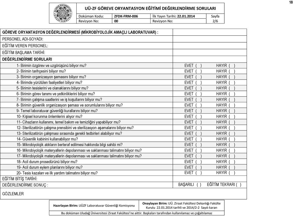 SORULARI 1- Brmn özgörev ve uzgörü ünü blyor mu? EVET ( ) HAYIR ( ) 2- Brmn tarhçesn blyor mu? EVET ( ) HAYIR ( ) 3- Brmn organzasyon emas n blyor mu?