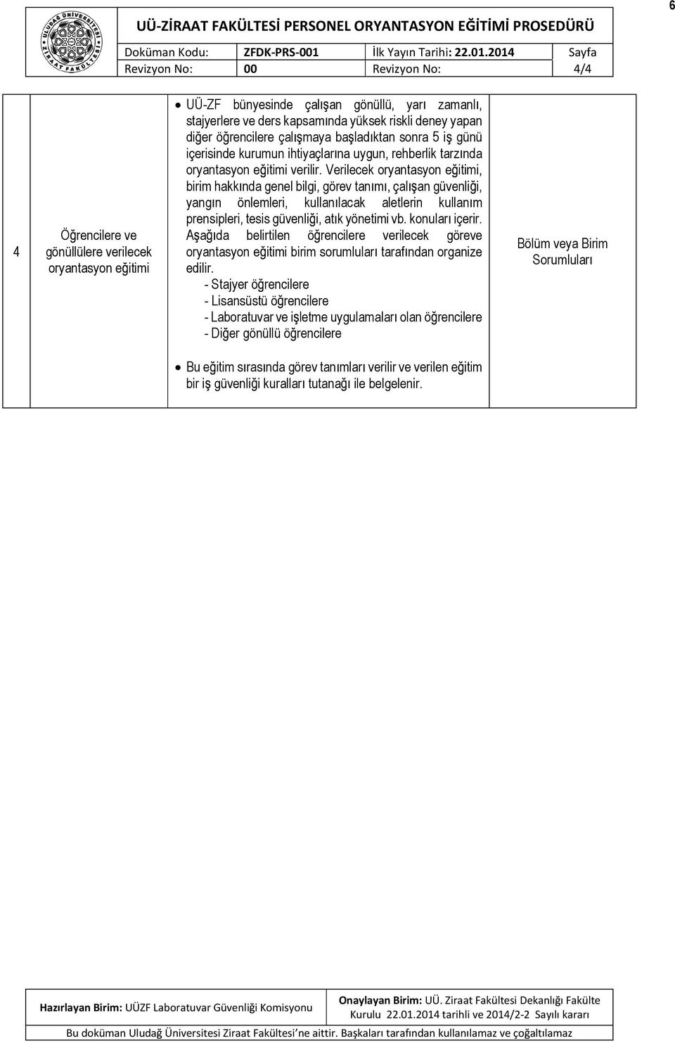 2014 Sayfa Revzyon No: 00 Revzyon No: 4/4 4 Ö renclere ve gönüllülere verlecek oryantasyon e tm UÜ-ZF bünyesnde çal an gönüllü, yar zamanl, stajyerlere ve ders kapsam nda yüksek rskl deney yapan d er