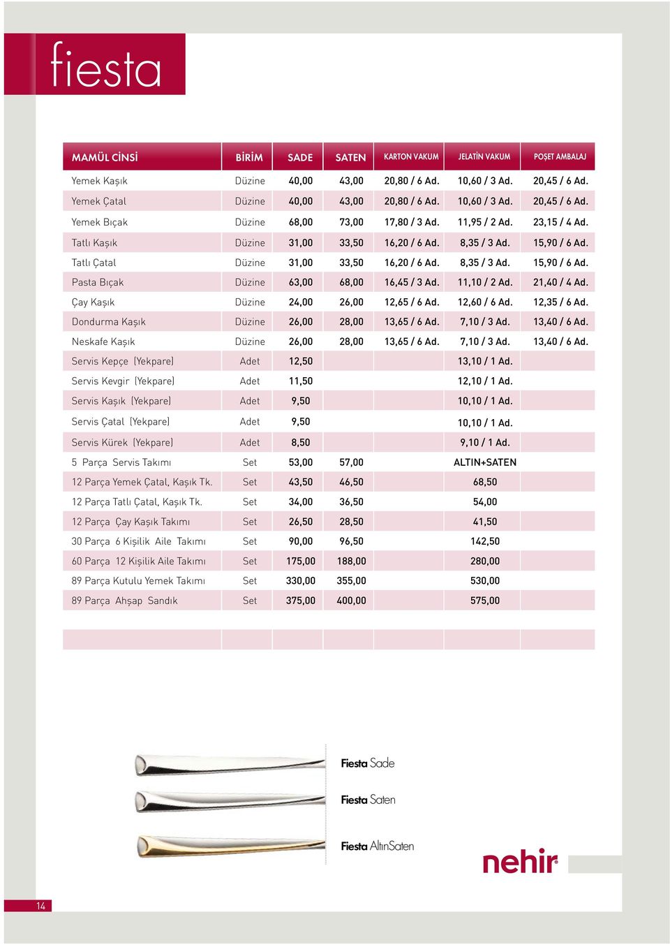 Tatlı Çatal Düzine 31,00 33,50 16,20 / 6 Ad. 8,35 / 3 Ad. 15,90 / 6 Ad. Pasta Bıçak Düzine 63,00 68,00 16,45 / 3 Ad. 11,10 / 2 Ad. 21,40 / 4 Ad. Çay Kaşık Düzine 24,00 26,00 12,65 / 6 Ad.