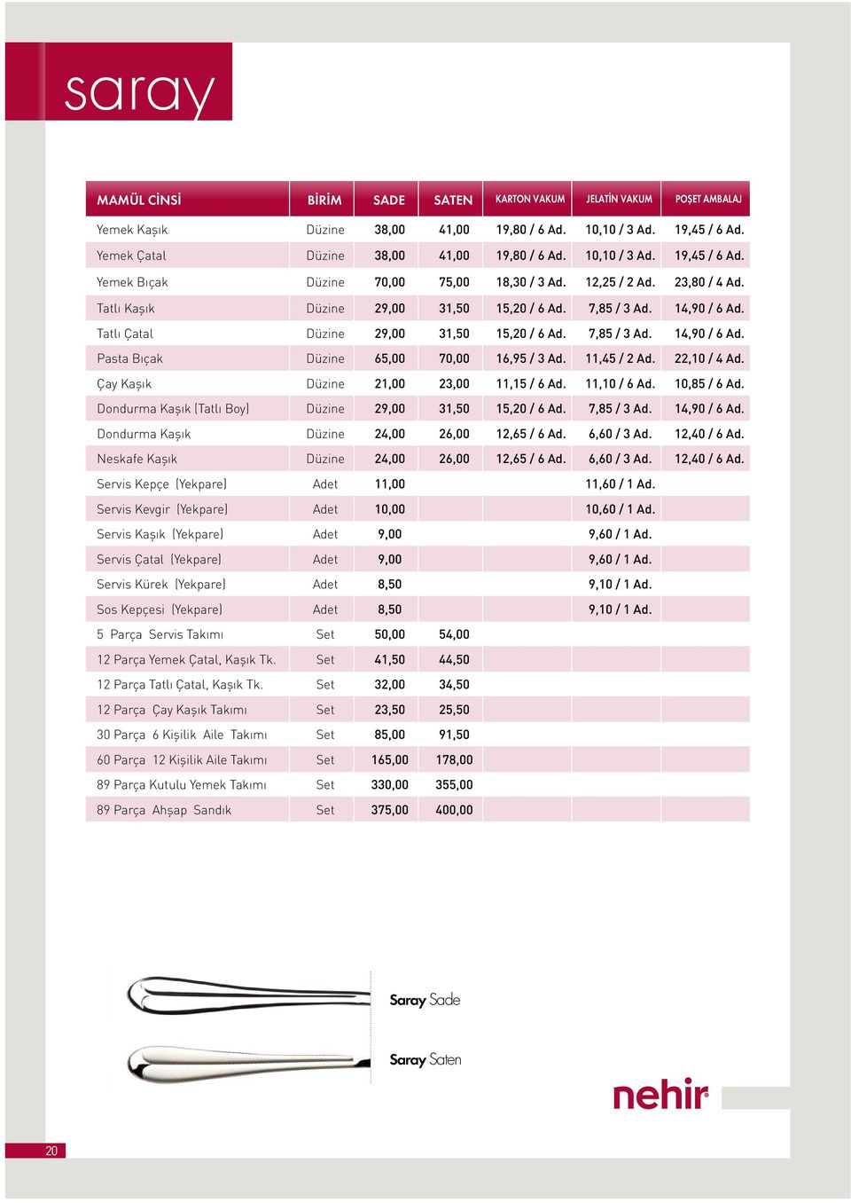 Tatlı Çatal Düzine 29,00 31,50 15,20 / 6 Ad. 7,85 / 3 Ad. 14,90 / 6 Ad. Pasta Bıçak Düzine 65,00 70,00 16,95 / 3 Ad. 11,45 / 2 Ad. 22,10 / 4 Ad. Çay Kaşık Düzine 21,00 23,00 11,15 / 6 Ad.