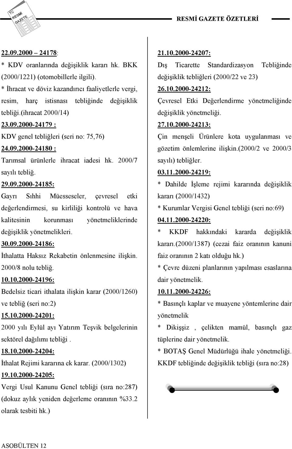 /7 sayılı tebliğ. 29.09.-24185: Gayrı Sıhhi Müesseseler, çevresel etki değerlendirmesi, su kirliliği kontrolü ve hava kalitesinin korunması yönetmeliklerinde değişiklik yönetmelikleri. 30.09.-24186: İthalatta Haksız Rekabetin önlenmesine ilişkin.