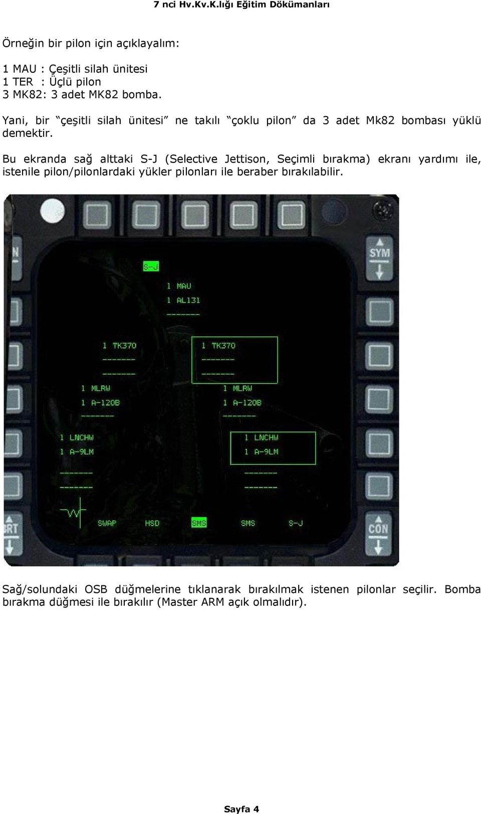 Bu ekranda sağ alttaki S-J (Selective Jettison, Seçimli bırakma) ekranı yardımı ile, istenile pilon/pilonlardaki yükler