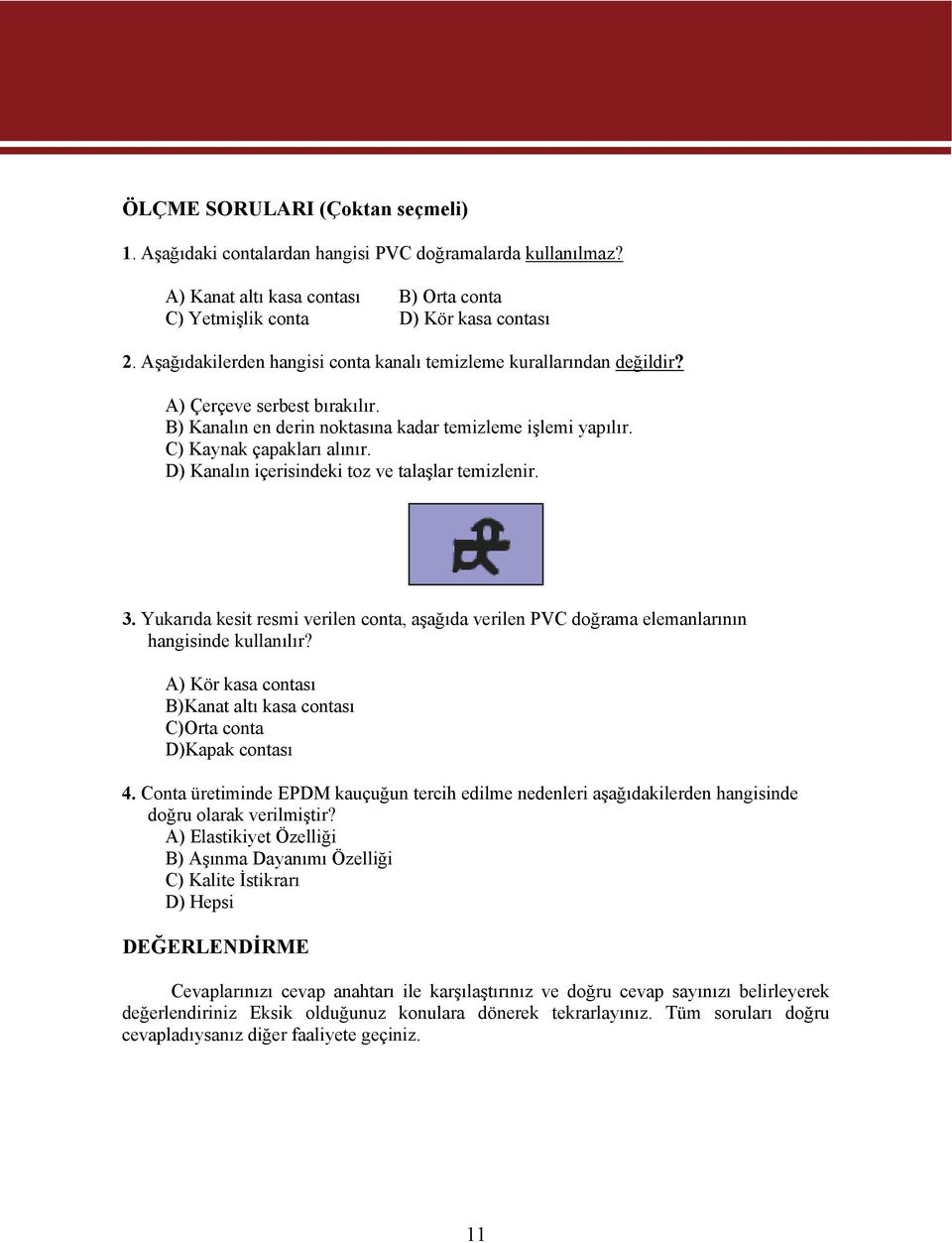 D) Kanalın içerisindeki toz ve talaşlar temizlenir. 3. Yukarıda kesit resmi verilen conta, aşağıda verilen PVC doğrama elemanlarının hangisinde kullanılır?