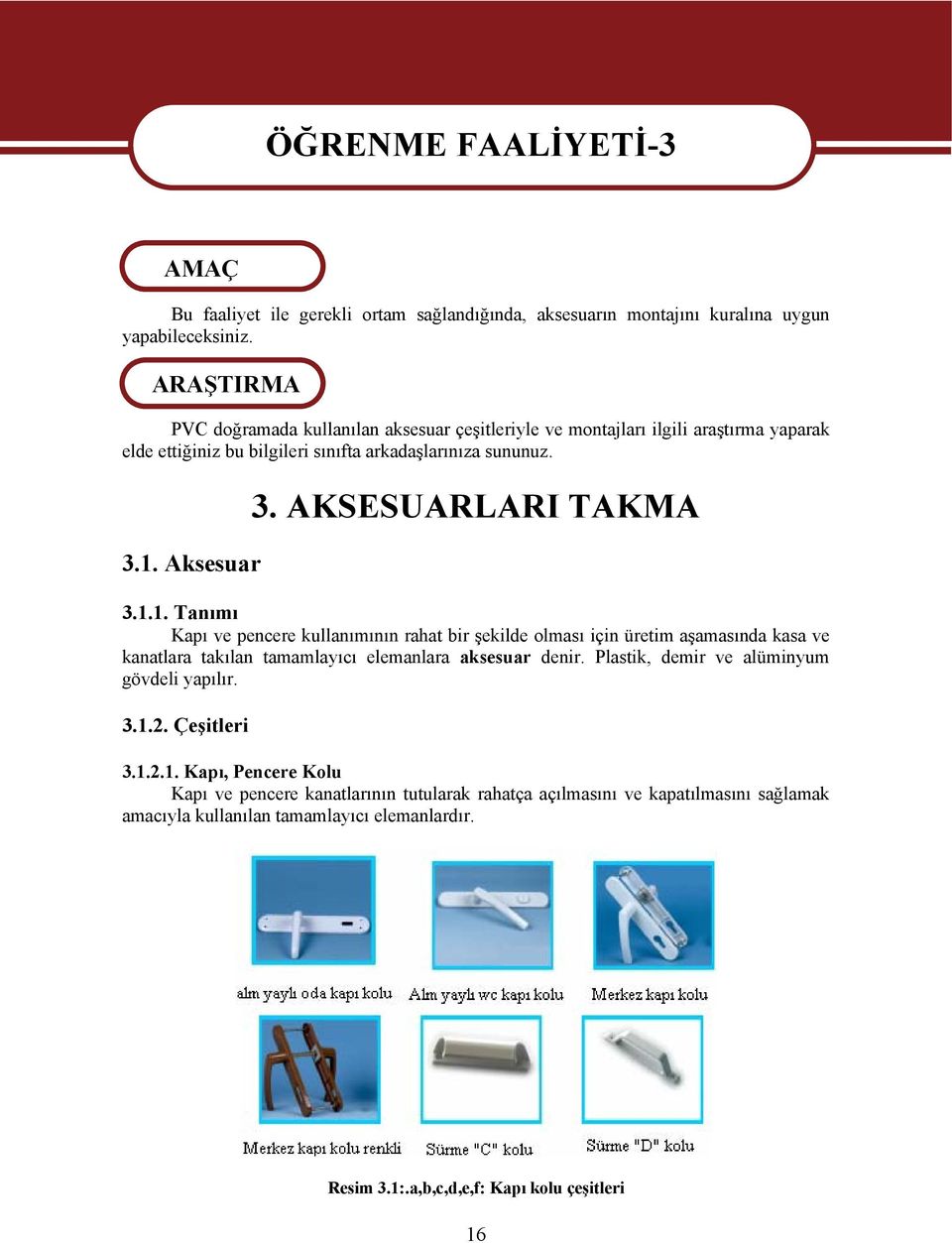 AKSESUARLARI TAKMA 3.1.1. Tanımı Kapı ve pencere kullanımının rahat bir şekilde olması için üretim aşamasında kasa ve kanatlara takılan tamamlayıcı elemanlara aksesuar denir.