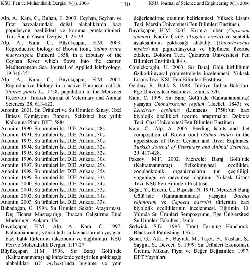 Reproductive biology of Brown trout, Salmo trutta macrostigma Dumeril 1858, in a tributary of the Ceyhan River which flows into the eastren Mediterranean Sea.