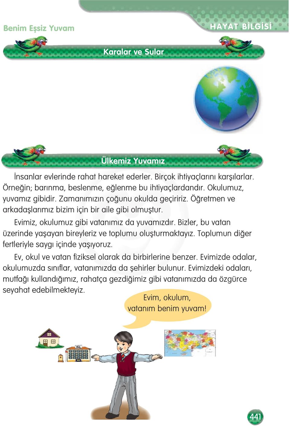 Bizler, bu vatan üzerinde yaflayan bireyleriz ve toplumu oluflturmaktay z. Toplumun di er fertleriyle sayg içinde yafl yoruz. Ev, okul ve vatan fiziksel olarak da birbirlerine benzer.