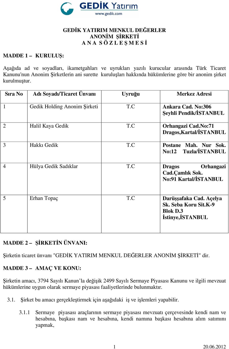 No:306 Şeyhli Pendik/ĐSTANBUL 2 Halil Kaya Gedik T.C Orhangazi Cad.No:71 Dragos,Kartal/ĐSTANBUL 3 Hakkı Gedik T.C Postane Mah. Nur Sok. No:12 Tuzla/ĐSTANBUL 4 Hülya Gedik Sadıklar T.