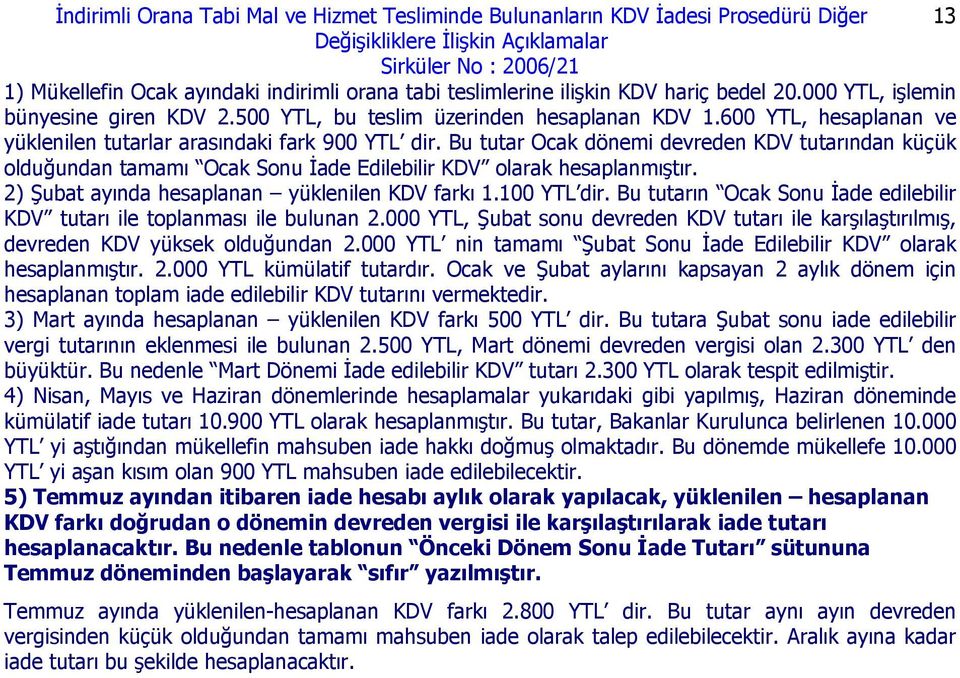 Bu tutar Ocak dönemi devreden KDV tutarından küçük olduğundan tamamı Ocak Sonu İade Edilebilir KDV olarak hesaplanmıştır. 2) Şubat ayında hesaplanan yüklenilen KDV farkı 1.100 YTL dir.