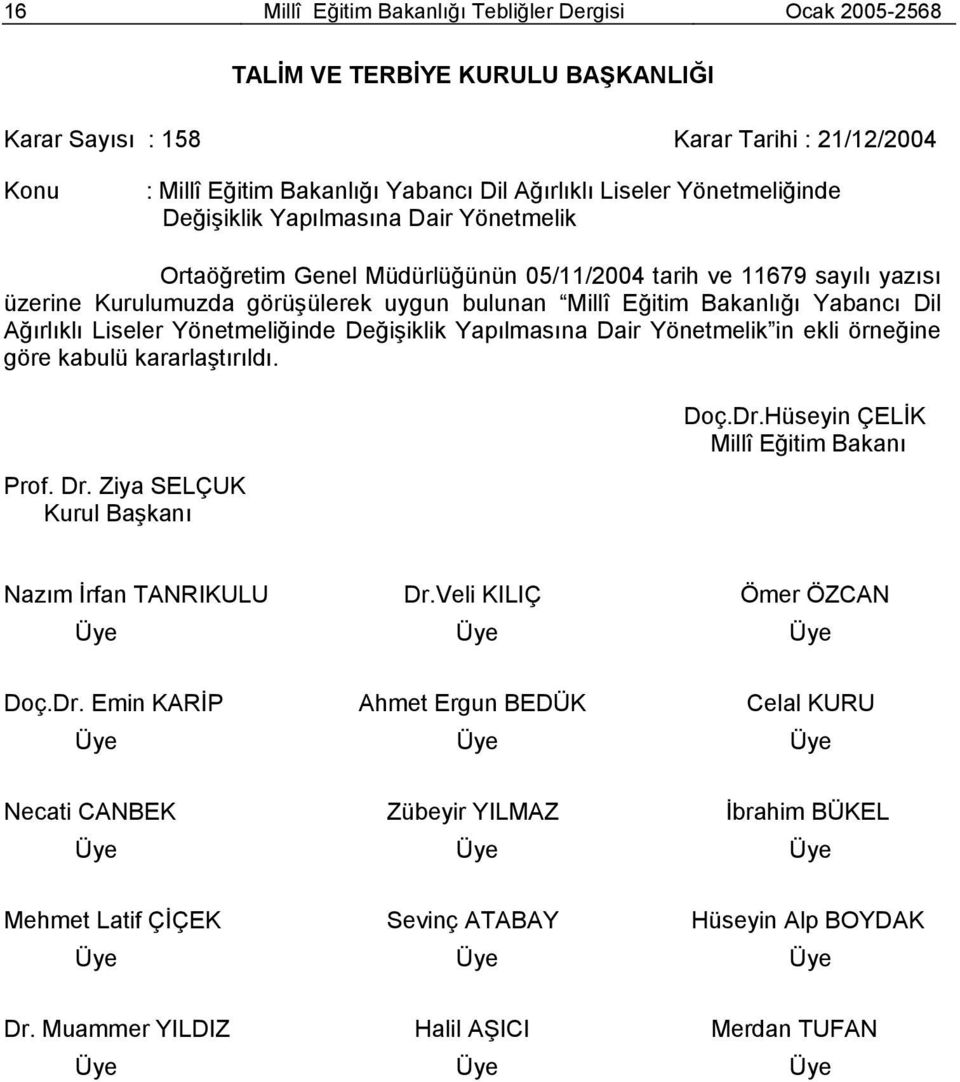 Yabancı Dil Ağırlıklı Liseler Yönetmeliğinde Değişiklik Yapılmasına Dair Yönetmelik in ekli örneğine göre kabulü kararlaştırıldı. Prof. Dr. Ziya SELÇUK Kurul Başkanı Doç.Dr.Hüseyin ÇELİK Millî Eğitim Bakanı Nazım İrfan TANRIKULU Dr.