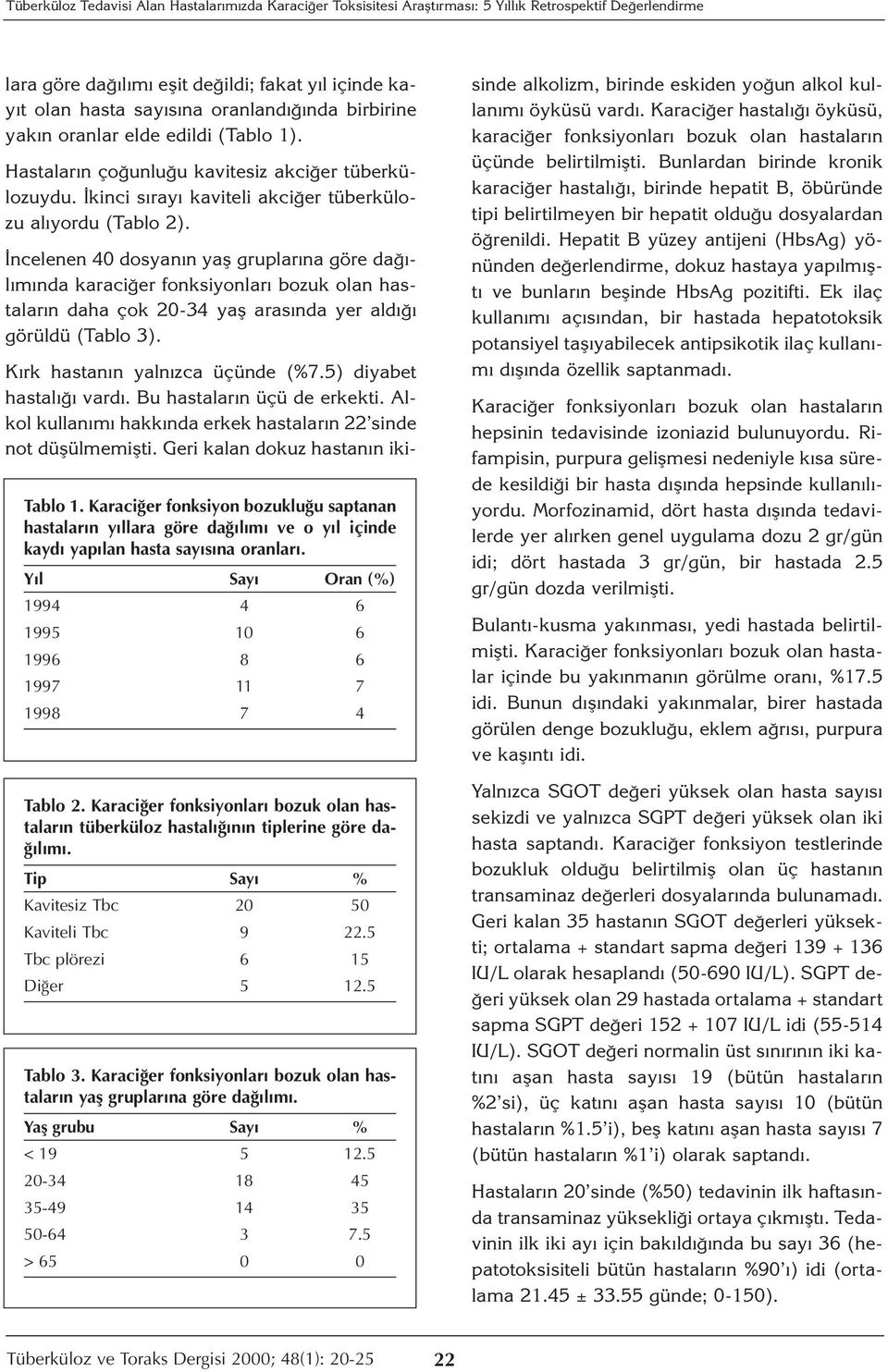 İncelenen 40 dosyanın yaş gruplarına göre dağılımında karaciğer fonksiyonları bozuk olan hastaların daha çok 20-34 yaş arasında yer aldığı görüldü (Tablo 3). Tablo 1.