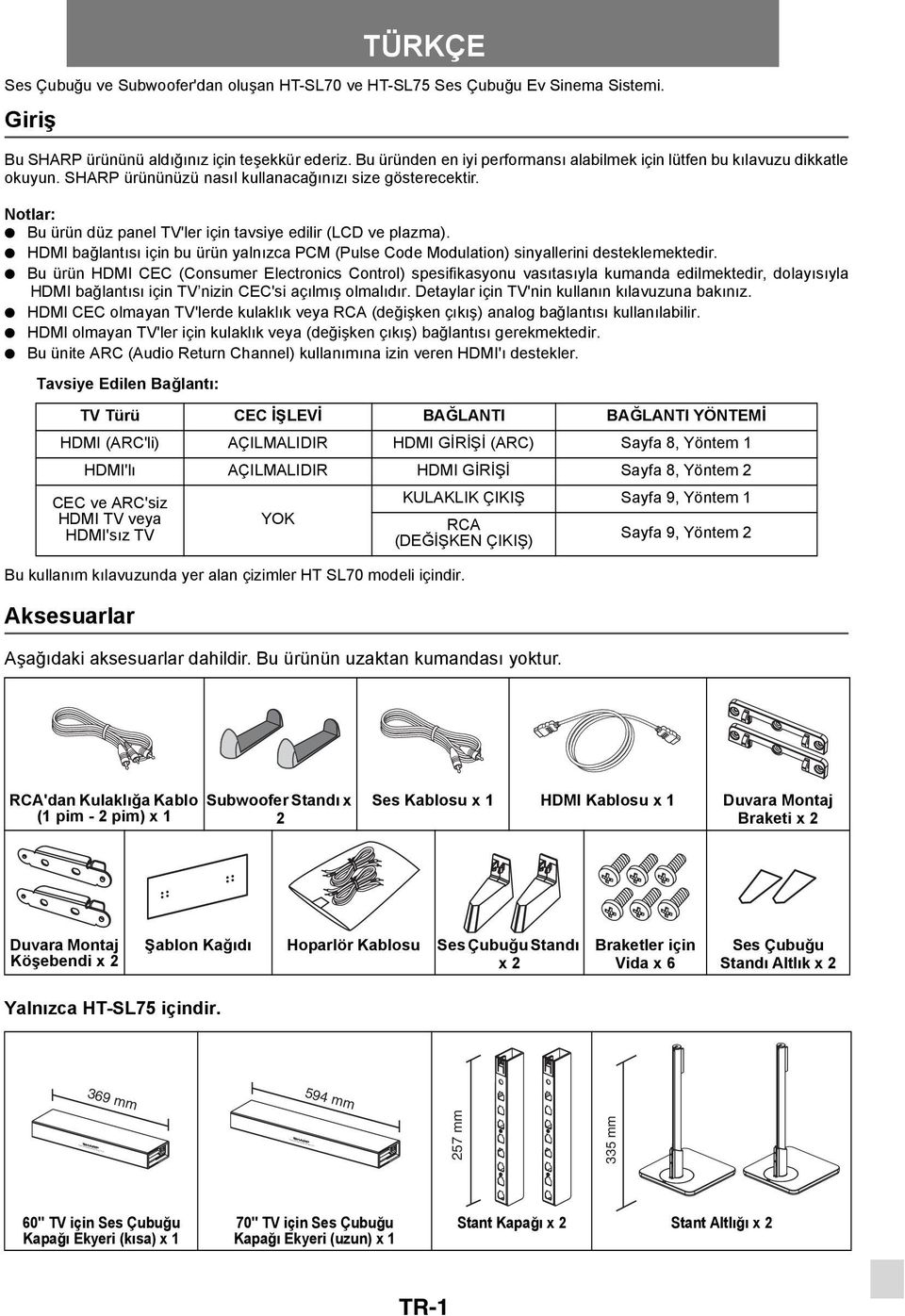 Notlar: Bu ürün düz panel TV'ler için tavsiye edilir (LCD ve plazma). HDMI bağlantısı için bu ürün yalnızca PCM (Pulse Code Modulation) sinyallerini desteklemektedir.